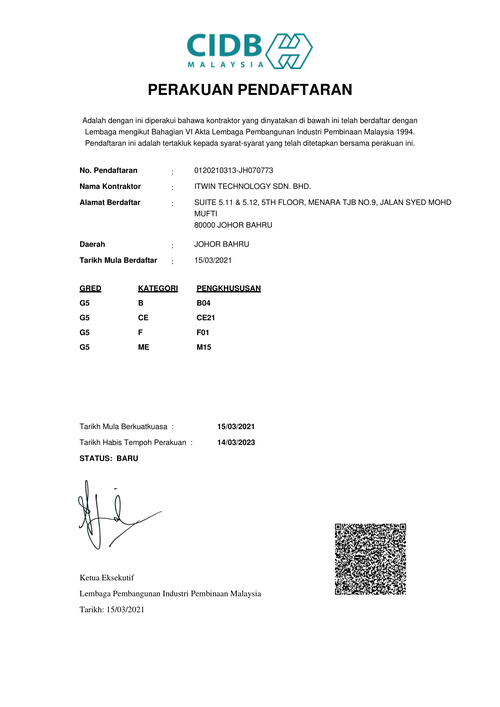 CIDB G5 Registered Company Certificate - ITWin Technology Sdn Bhd