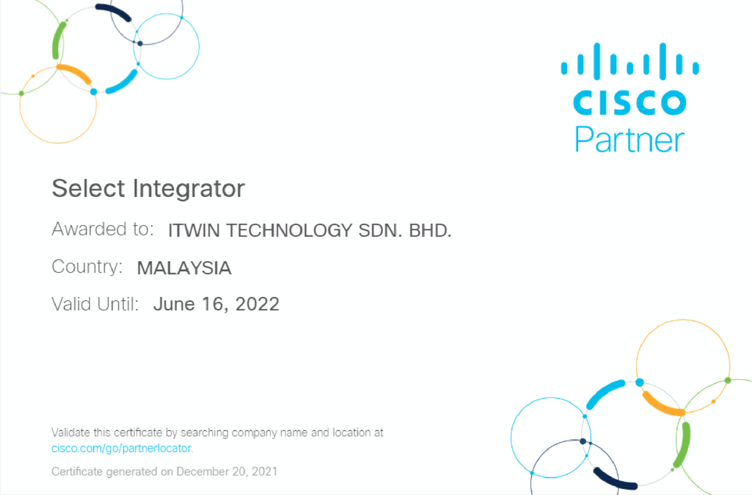 Cisco Select Integrator Certificate - ITWin Technology Sdn Bhd